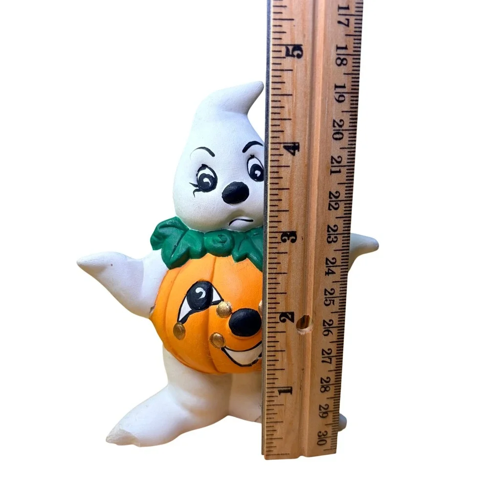 Vtg Ceramic Ghost Holding Pumpkin Figurine Halloween Jack O Lantern Sad Face